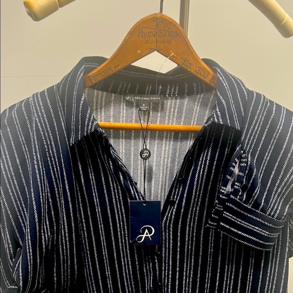 Adrianna Papell Blouse Medium Black Silver Striped Button Front NWT - Picture 9 of 13